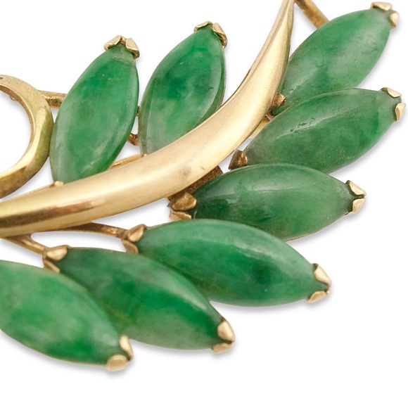 Vintage 14K Gold Jade Brooch Pin by T.Y. Lee Floral Fern Mid-Century - Picture 2 of 5